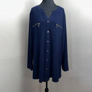 Susan Graver Blouse Women's 2X Navy Button Up Zipper Pockets Nautical Preppy